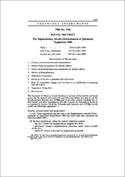 The Supplementary Benefit (Determination of Questions) Regulations 1980