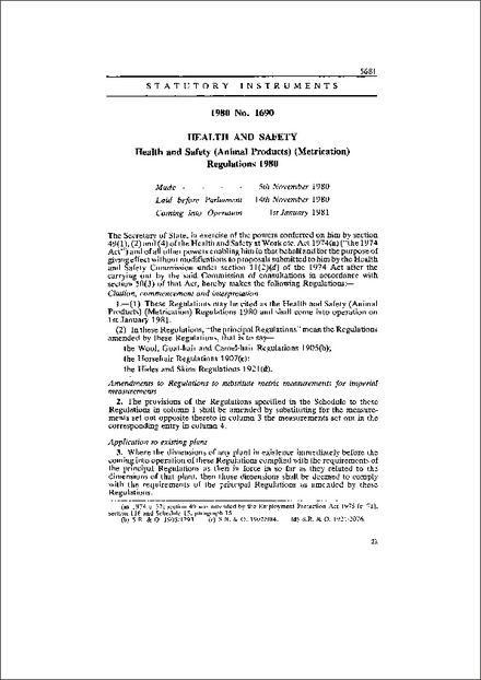Health and Safety (Animal Products) (Metrication) Regulations 1980