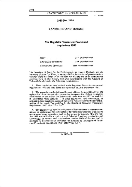 The Regulated Tenancies (Procedure) Regulations 1980
