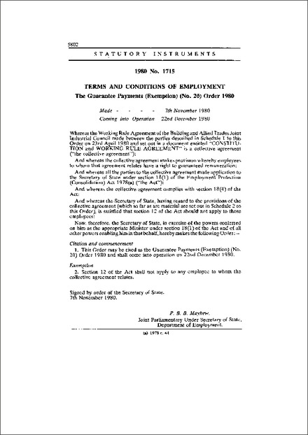 The Guarantee Payments (Exemption) (No. 20) Order 1980