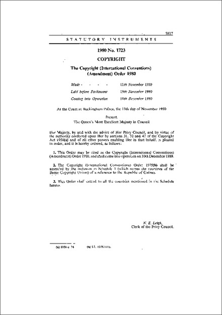 The Copyright (International Conventions) (Amendment) Order 1980