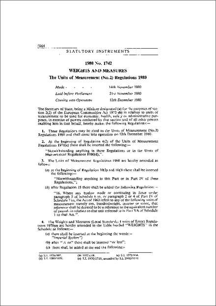 The Units of Measurement (No.2) Regulations 1980