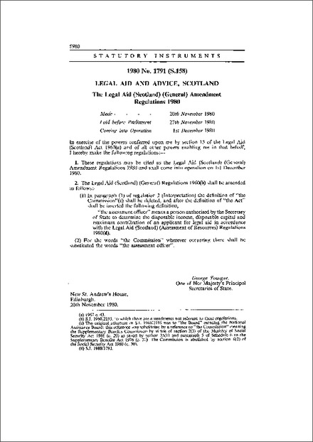 The Legal Aid (Scotland) (General) Amendment Regulations 1980