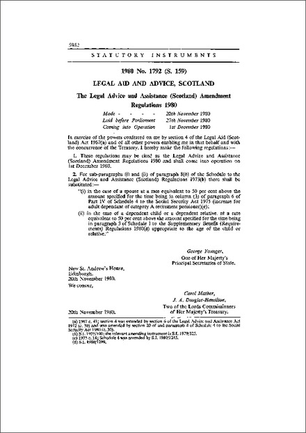 The Legal Advice and Assistance (Scotland) Amendment Regulations 1980