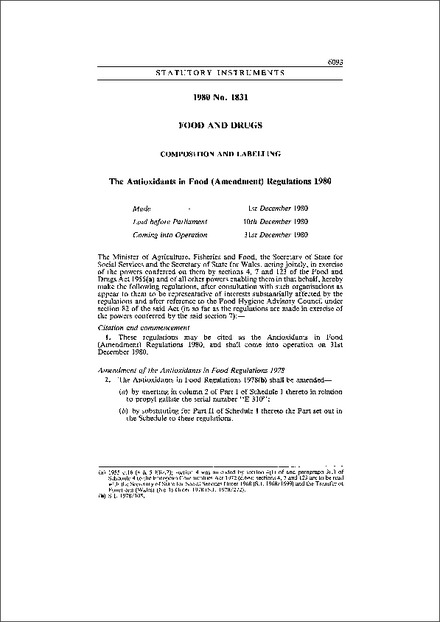 The Antioxidants in Food (Amendment) Regulations 1980