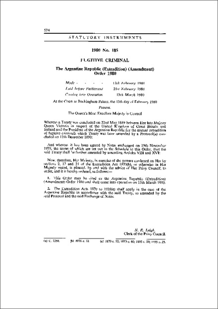 The Argentine Republic (Extradition) (Amendment) Order 1980