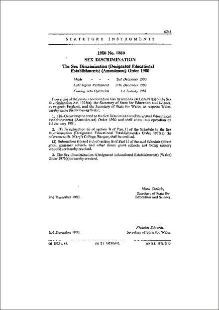 The Sex Discrimination (Designated Educational Establishments) (Amendment) Order 1980