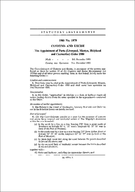 The Appointment of Ports (Liverpool, Mostyn, Holyhead and Caernarfon) Order 1980