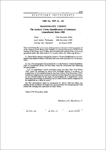 The Justices' Clerks (Qualifications of Assistants) (Amendment) Rules 1980