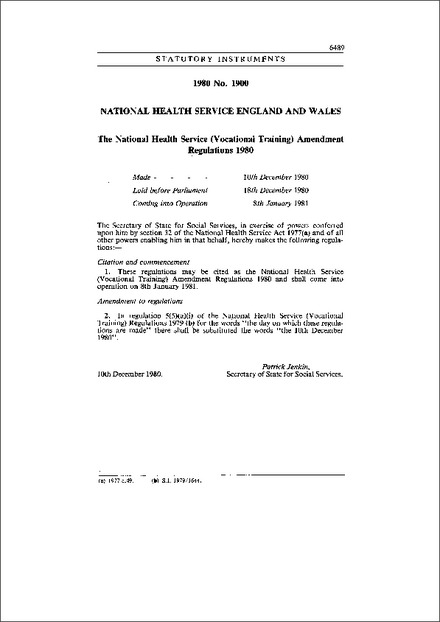 The National Health Service (Vocational Training) Amendment Regulations 1980