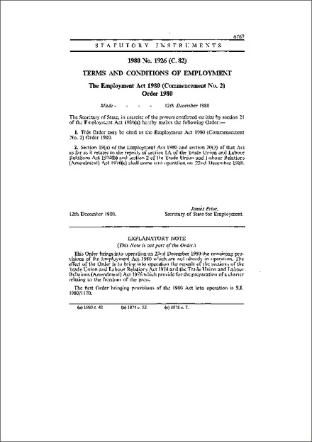 The Employment Act 1980 (Commencement No. 2) Order 1980