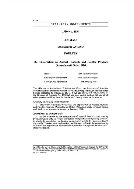The Importation of Animal Products and Poultry Products (Amendment) Order 1980