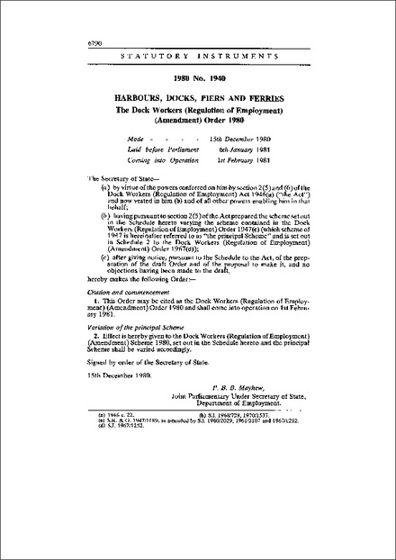 The Dock Workers (Regulation of Employment) (Amendment) Order 1980