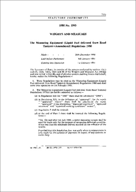 The Measuring Equipment (Liquid Fuel delivered from Road Tankers) (Amendment) Regulations 1980
