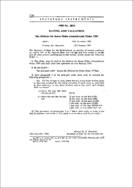 The Distress for Rates Order (Amendment) Order 1980