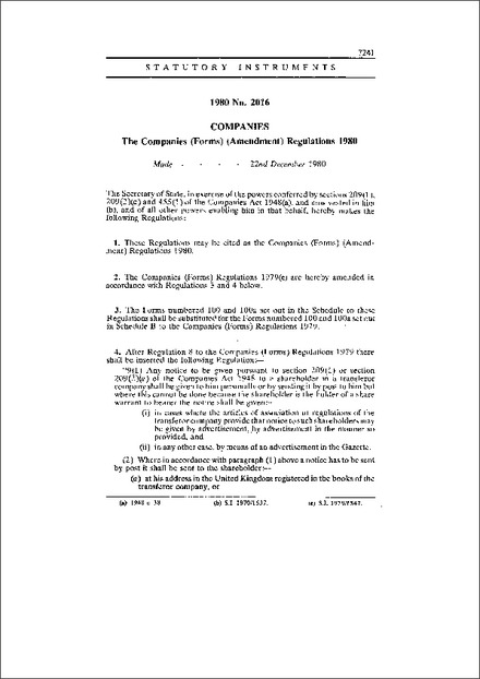 The Companies (Forms) (Amendment) Regulations 1980