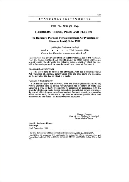 The Harbours, Piers and Ferries (Scotland) Act (Variation of Financial Limit) Order 1980