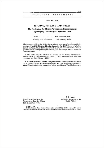 The Assistance for House Purchase and Improvement (Qualifying Lenders) (No. 2) Order 1980