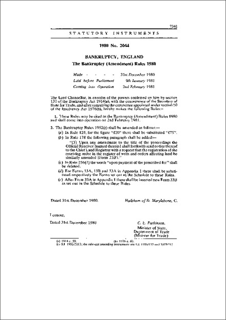 The Bankruptcy (Amendment) Rules 1980