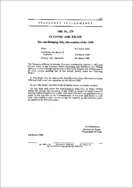 The Anti-Dumping Duty (Revocation) Order 1980