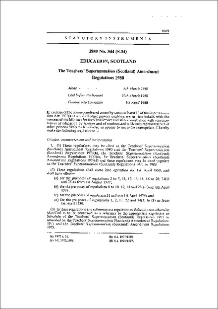 The Teachers' Superannuation (Scotland) Amendment Regulations 1980