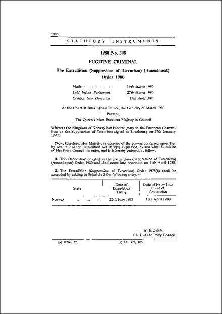 The Extradition (Suppression of Terrorism) (Amendment) Order 1980