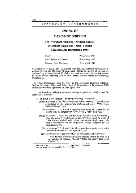 The Merchant Shipping (Medical Scales) (Merchant Ships and Other Vessels) (Amendment) Regulations 1980