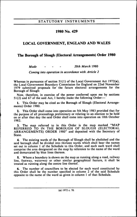 The Borough of Slough (Electoral Arrangements) Order 1980