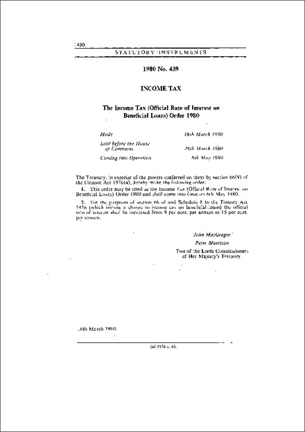 The Income Tax (Official Rate of Interest on Beneficial Loans) Order 1980