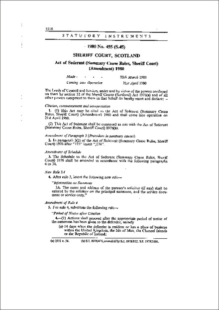 Act of Sederunt (Summary Cause Rules, Sheriff Court) (Amendment) 1980