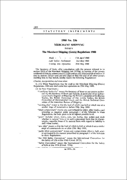 The Merchant Shipping (Grain) Regulations 1980