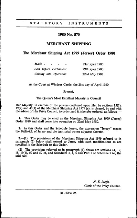 The Merchant Shipping Act 1979 (Jersey) Order 1980