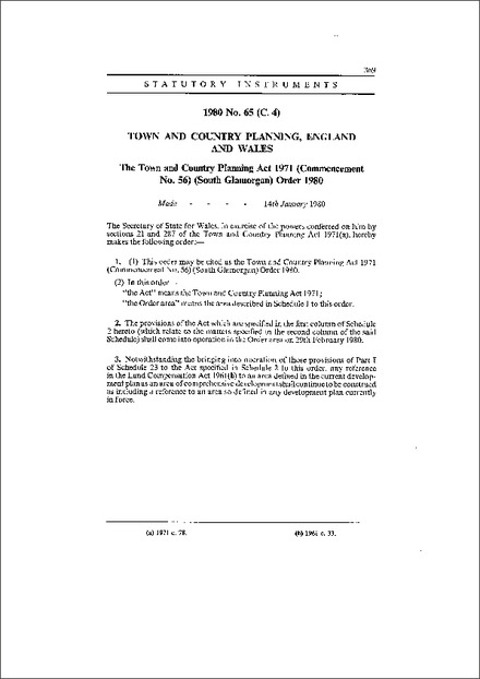 The Town and Country Planning Act 1971 (Commencement No. 56) (South Glamorgan) Order 1980