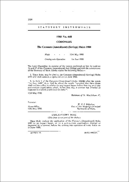 The Coroners (Amendment) (Savings) Rules 1980