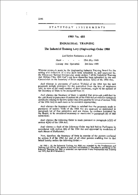 The Industrial Training Levy (Engineering) Order 1980