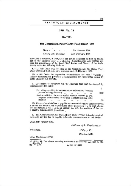 The Commissioners for Oaths (Fees) Order 1980