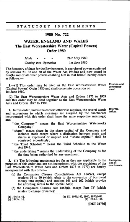 The East Worcestershire Water (Capital Powers) Order 1980
