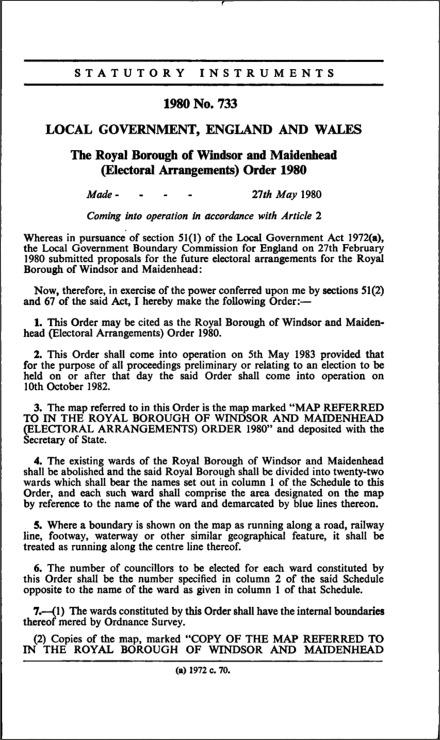 The Royal Borough of Windsor and Maidenhead (Electoral Arrangements) Order 1980