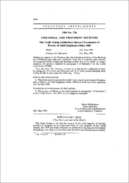 The Credit Unions (Authorised Banks) (Termination of Powers of Chief Registrar) Order 1980