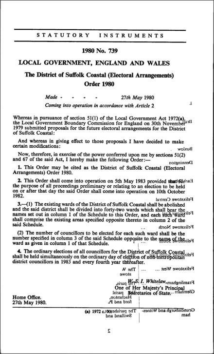 The District of Suffolk Coastal (Electoral Arrangements) Order 1980