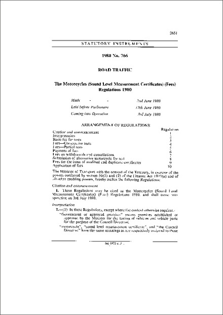The Motorcycles (Sound Level Measurement Certificates) (Fees) Regulations 1980