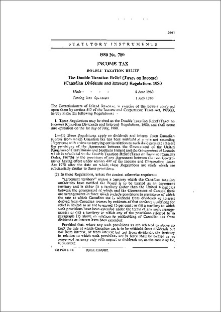The Double Taxation Relief (Taxes on Income) (Canadian Dividends and Interest) Regulations 1980