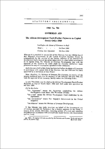 The African Development Fund (Further Payments to Capital Stock) Order 1980