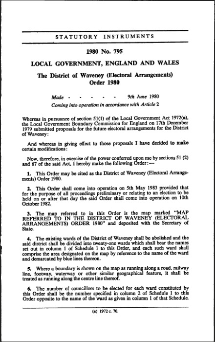 The District of Waveney (Electoral Arrangements) Order 1980