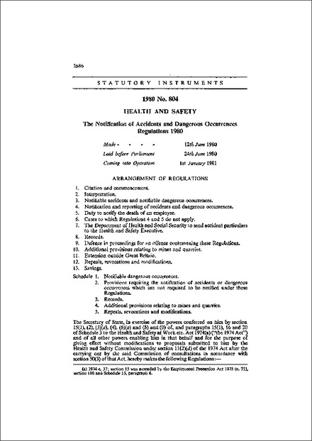 The Notification of Accidents and Dangerous Occurrences Regulations 1980
