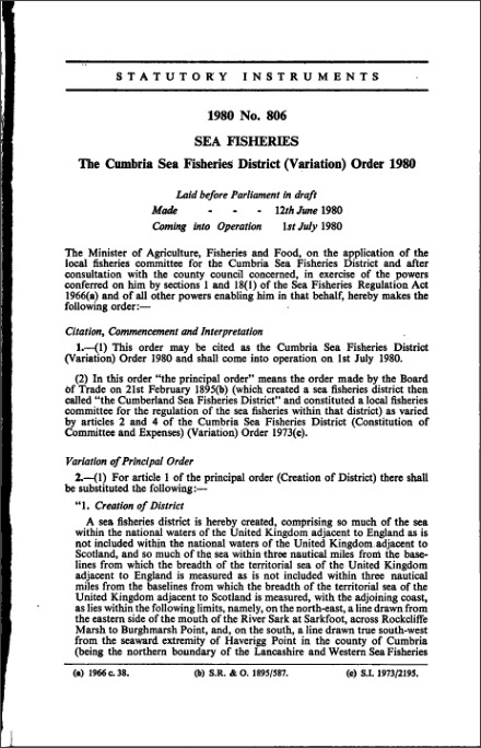 The Cumbria Sea Fisheries District (Variation) Order 1980