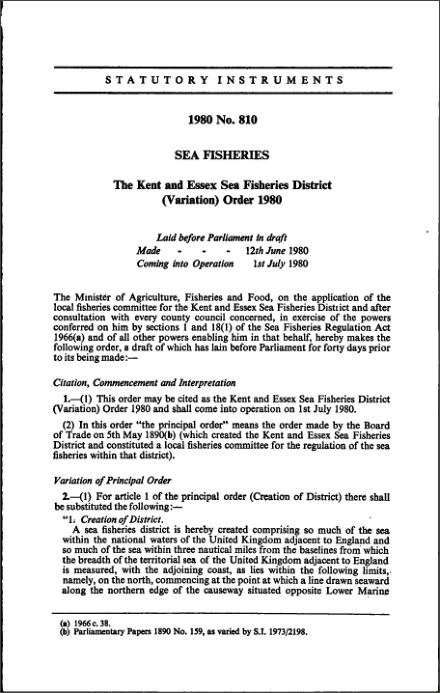 The Kent and Essex Sea Fisheries District (Variation) Order 1980