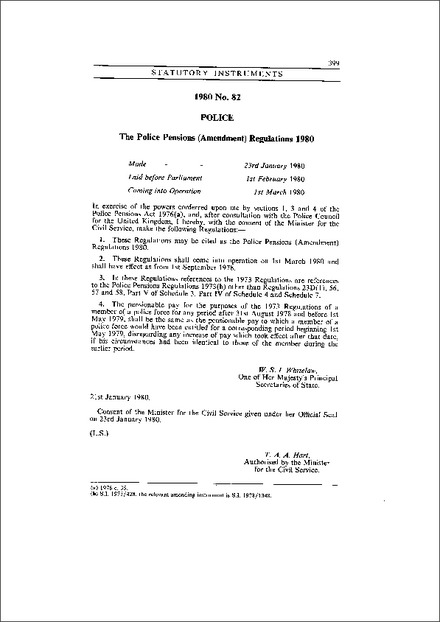 The Police Pensions (Amendment) Regulations 1980