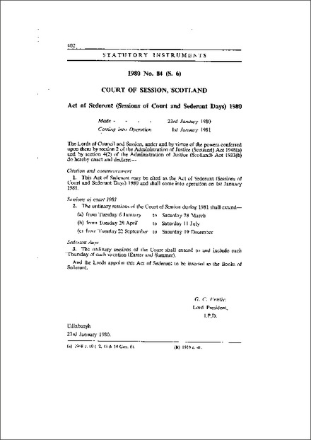 Act of Sederunt (Sessions of Court and Sederunt Days) 1980