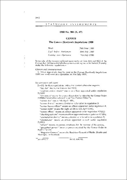 The Census (Scotland) Regulations 1980